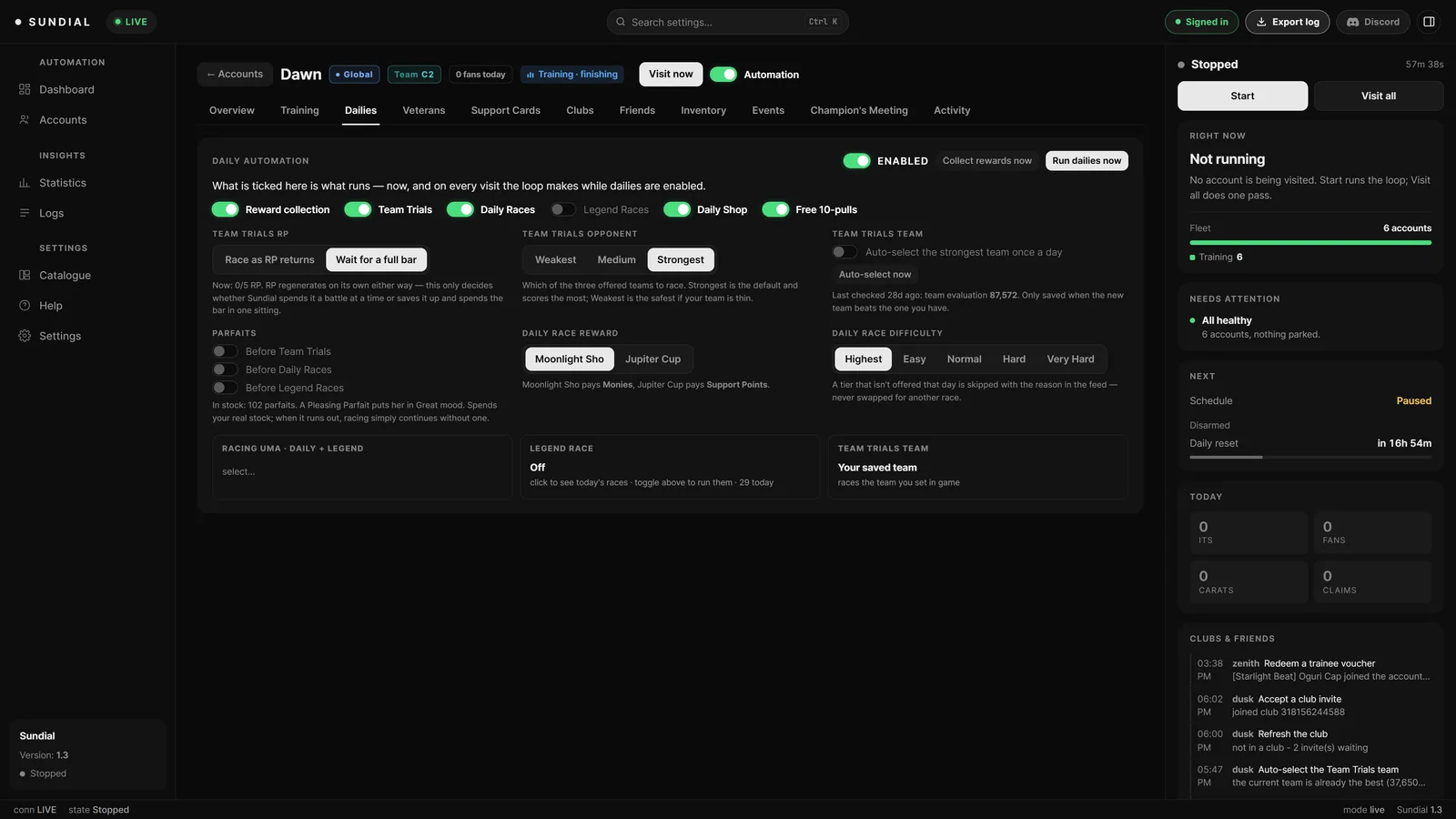 Sundial dashboard: Dailies