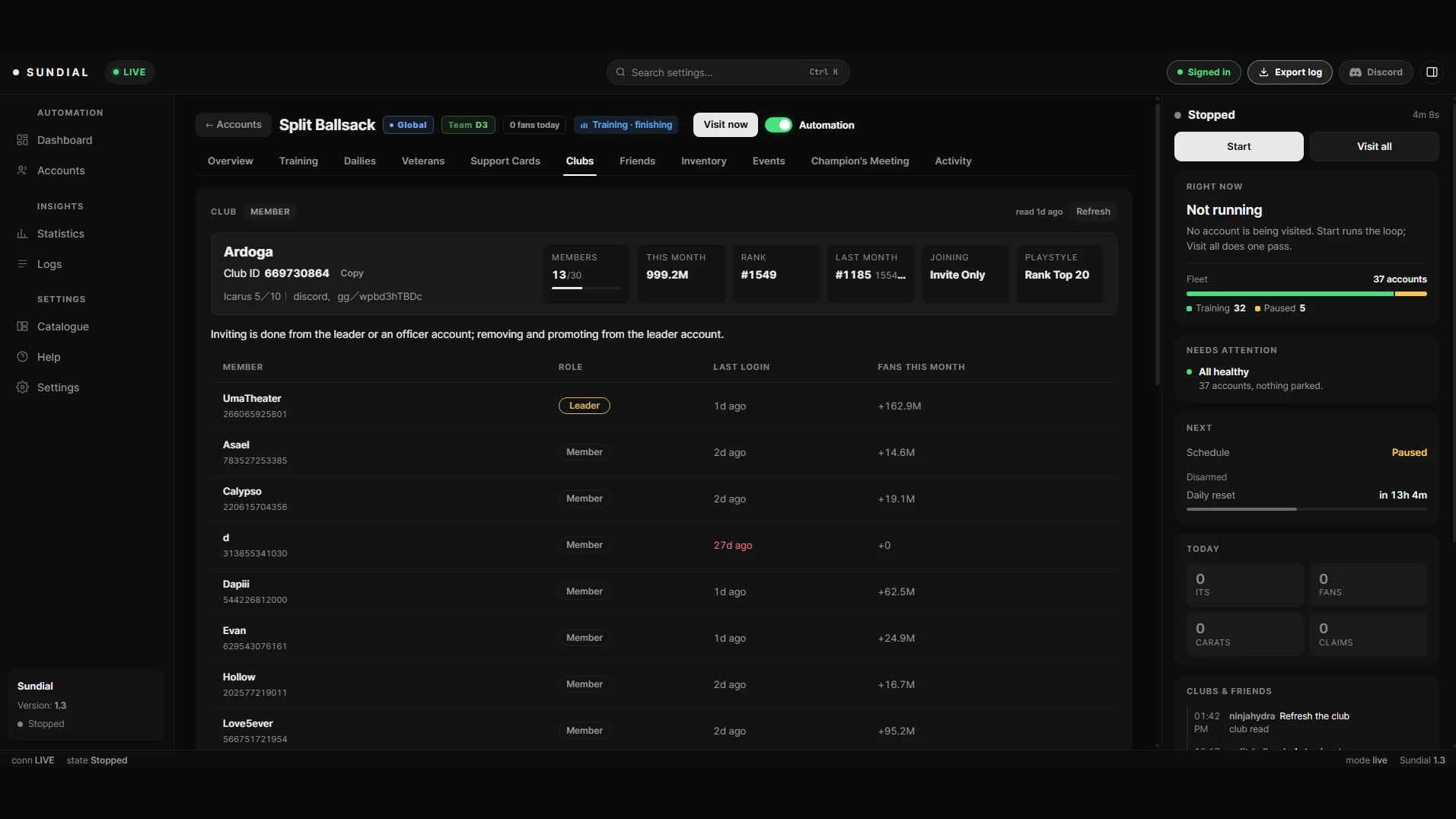 Sundial dashboard: Clubs and friends