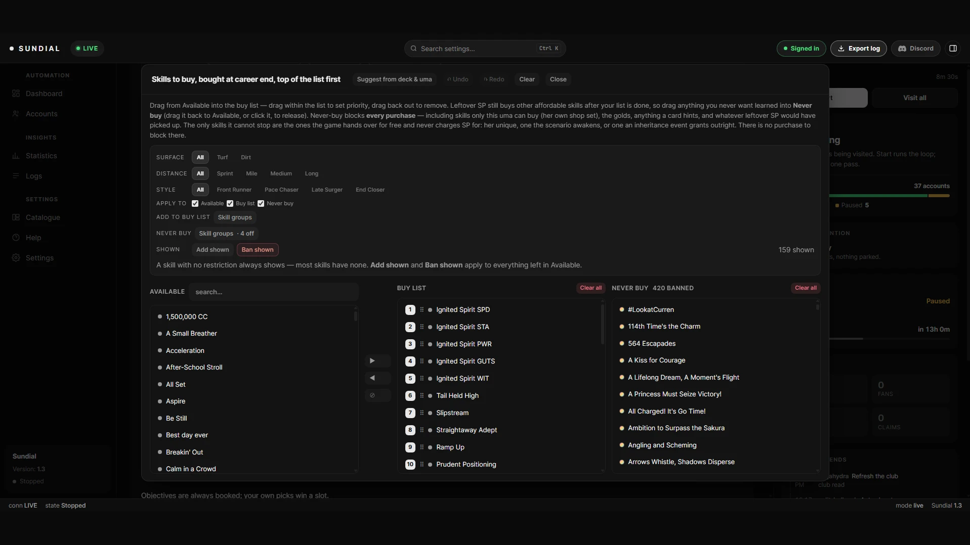 Sundial dashboard: Skills